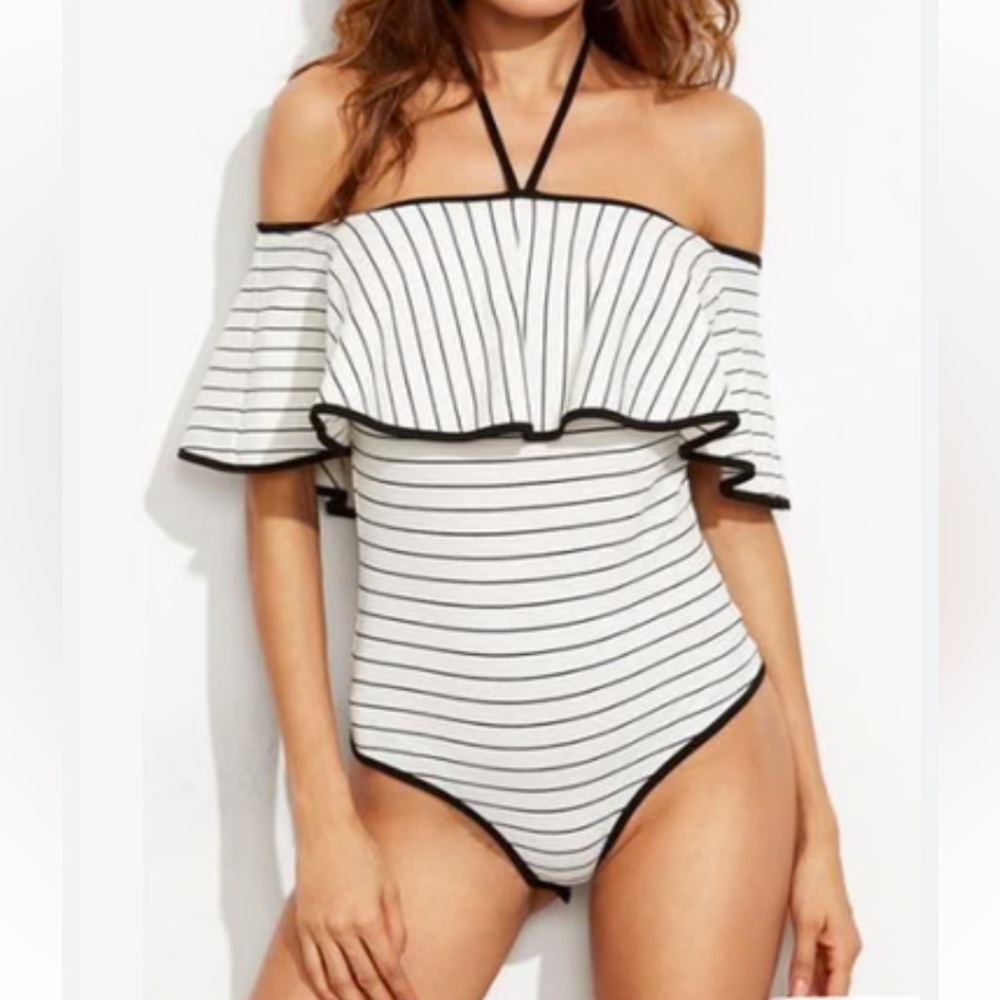 NWT Oh Yes Fashion Striped Black and White Off the Shoulder Bodysuit Size Med